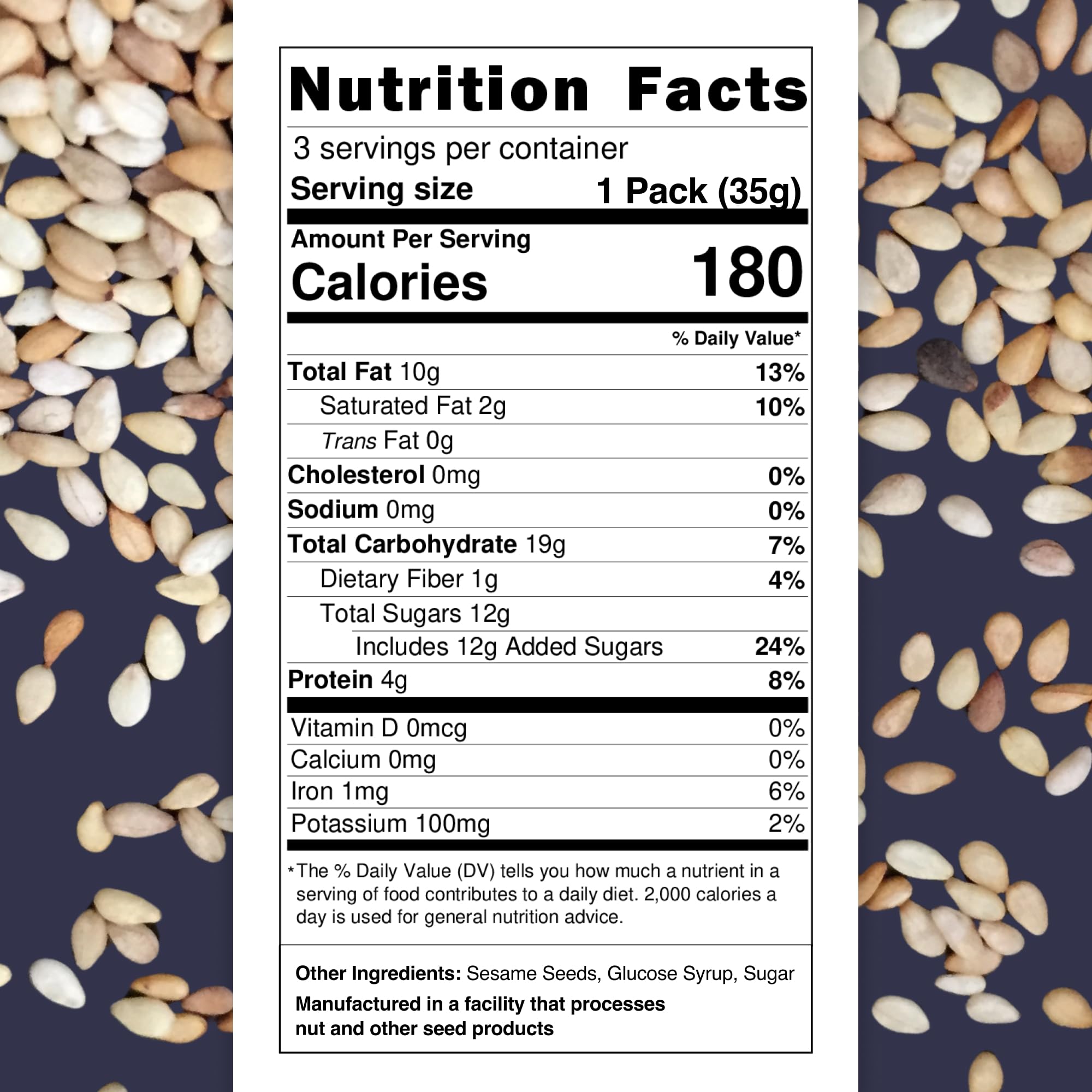 Loucks Original Sesame Snaps bar closeup-crunch: natural sesame flavor with clean ingredients.