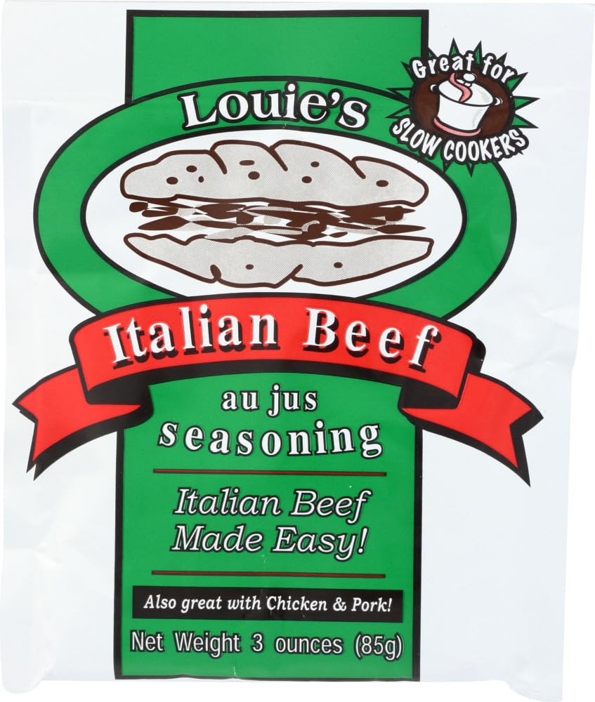 Louie's Italian Beef Seasoning jar front view for rich au jus flavor.