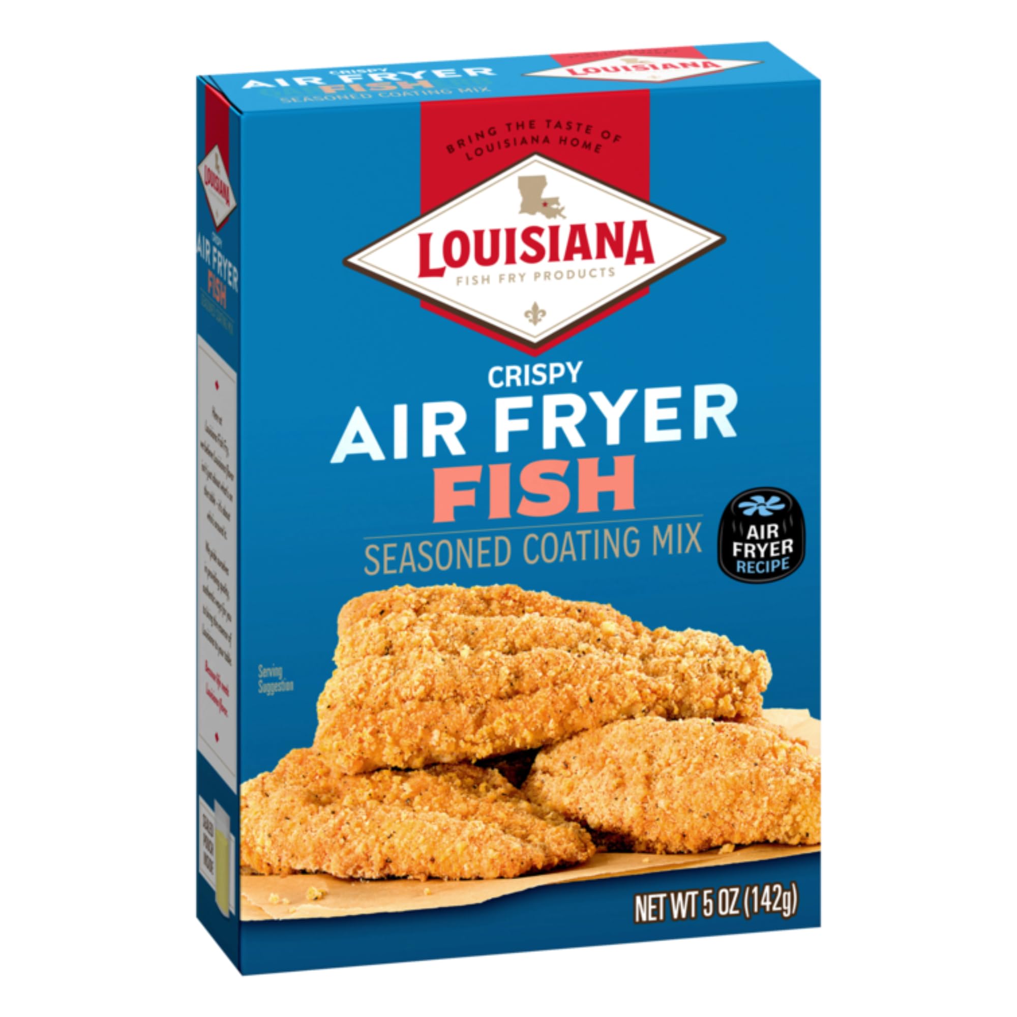 Louisiana Air Fryer Seasoned Coating for Fish on packaging, ready for quick, flavorful prep.
