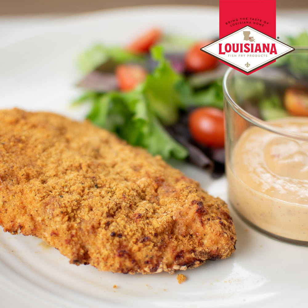Air fryer setup with Louisiana Fish Fry coating mix ready to cook