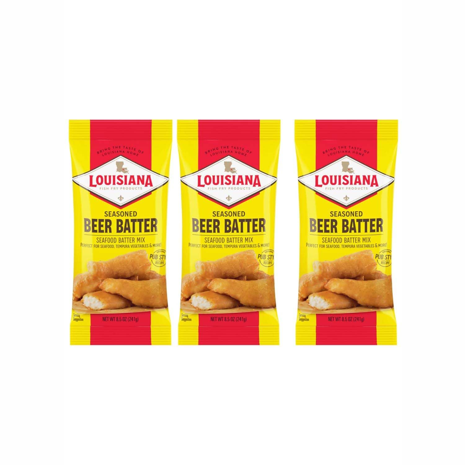 Louisiana Fish Fry beer batter mix front label showing a three-pack for quick meals