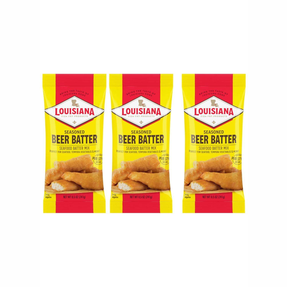 Louisiana Fish Fry beer batter mix front label showing a three-pack for quick meals