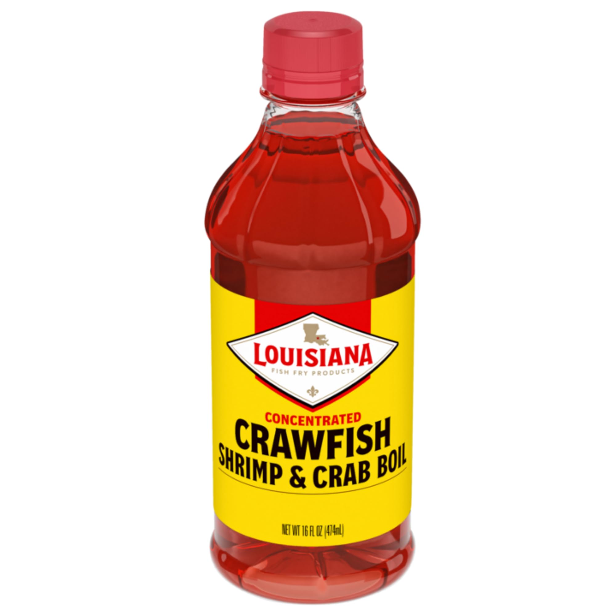 Louisiana Fish Fry bottle pour showing spice-rich liquid boil seasoning for bold seafood.