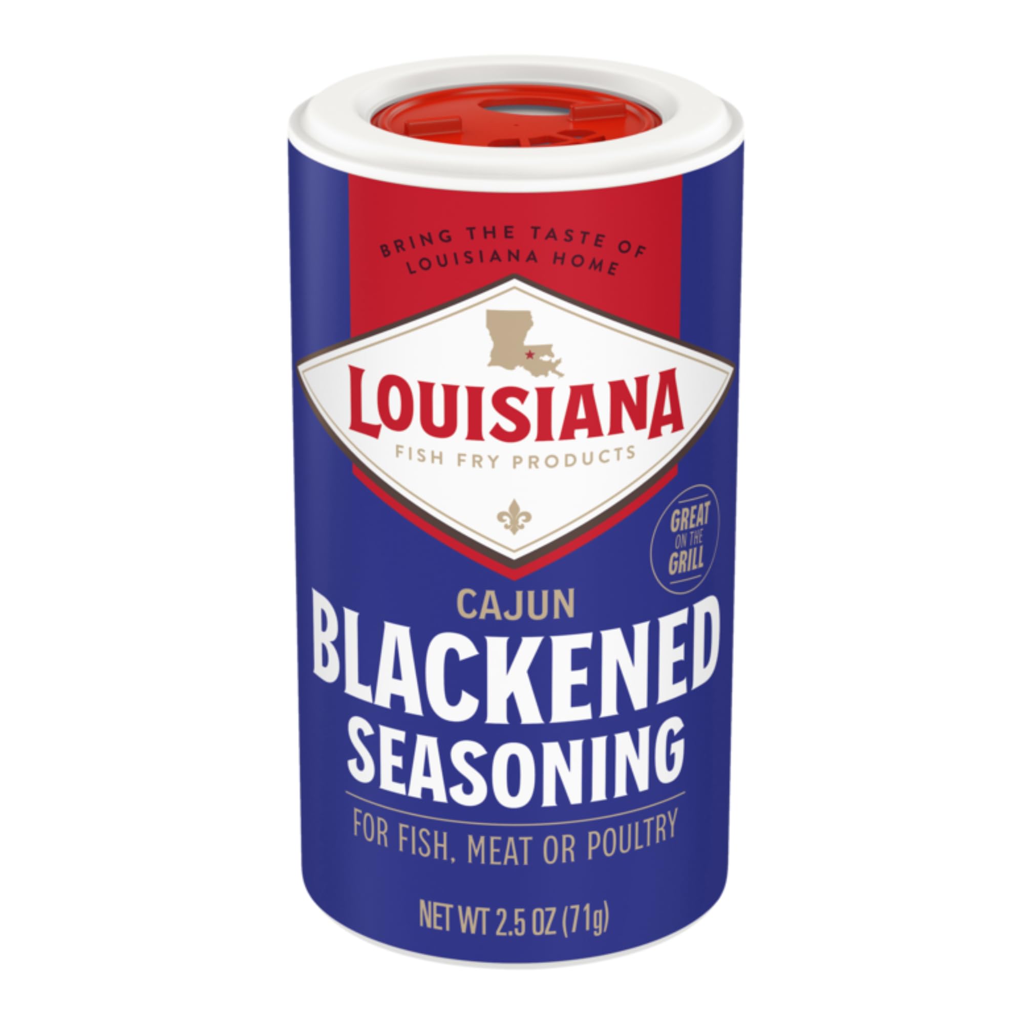 Louisiana Fish Fry Cajun Blackened Seasoning jar adds bold crust to seafood