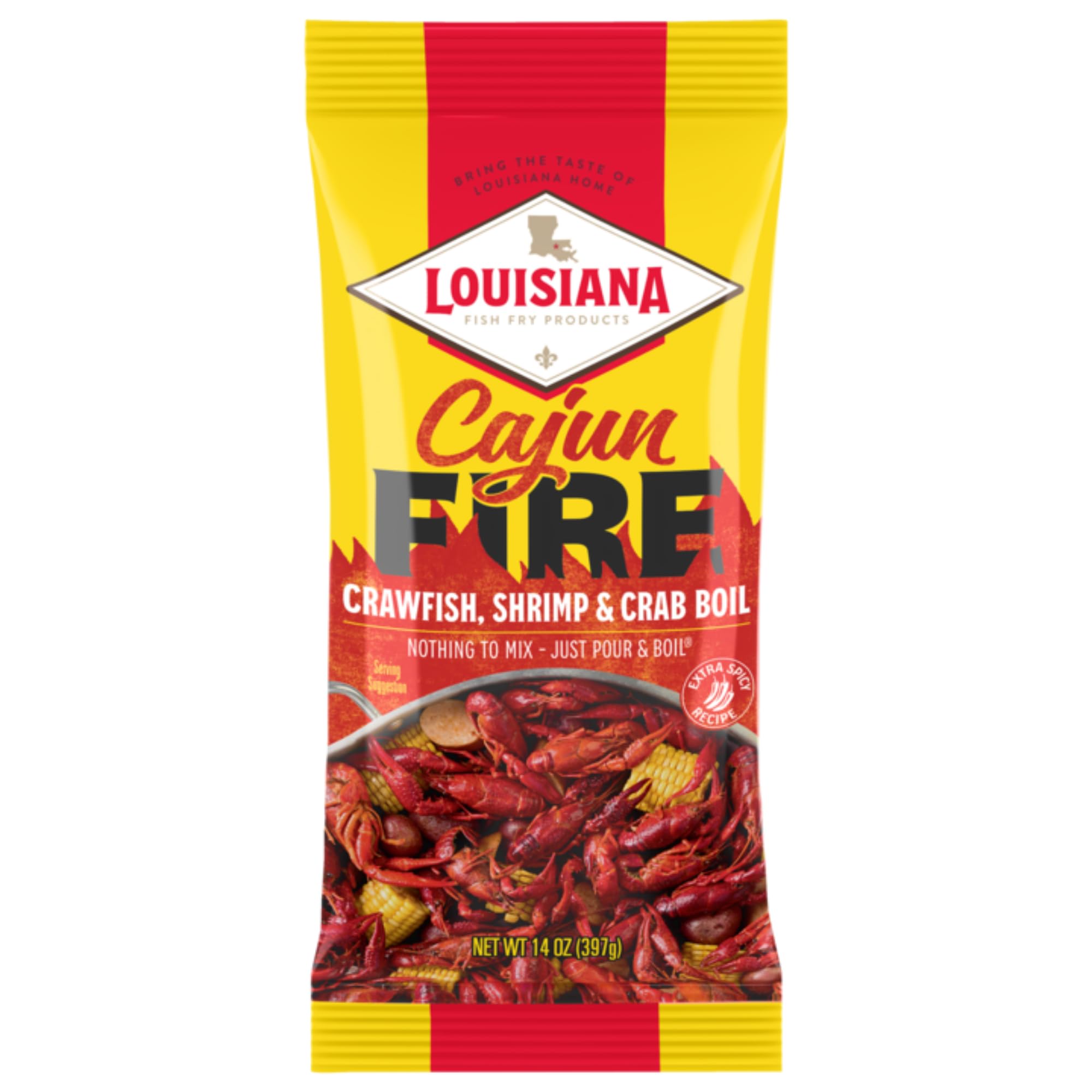 Louisiana Fish Fry Cajun Fire Boil being poured for a fiery seafood boil