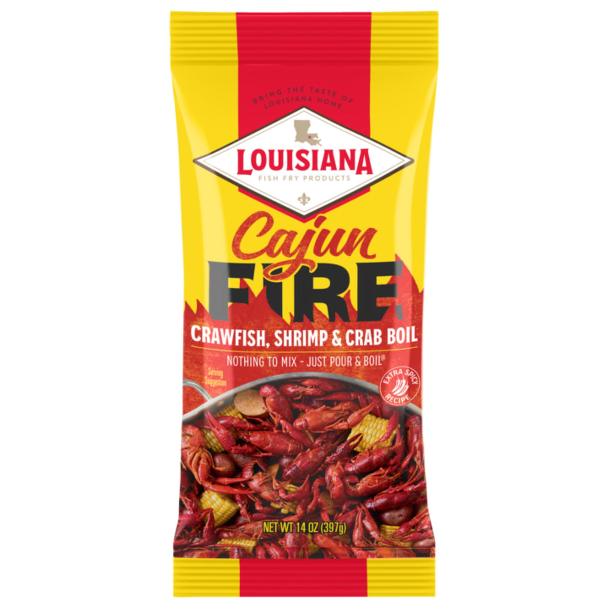 Louisiana Fish Fry Cajun Fire Boil being poured for a fiery seafood boil