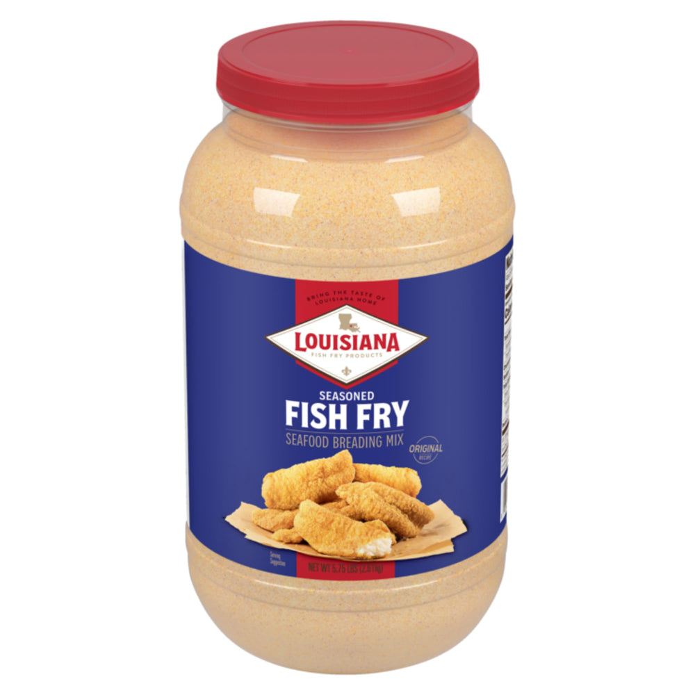 Louisiana Fish Fry gallon packaging offers bulk purchase for family meals and big seafood feasts.