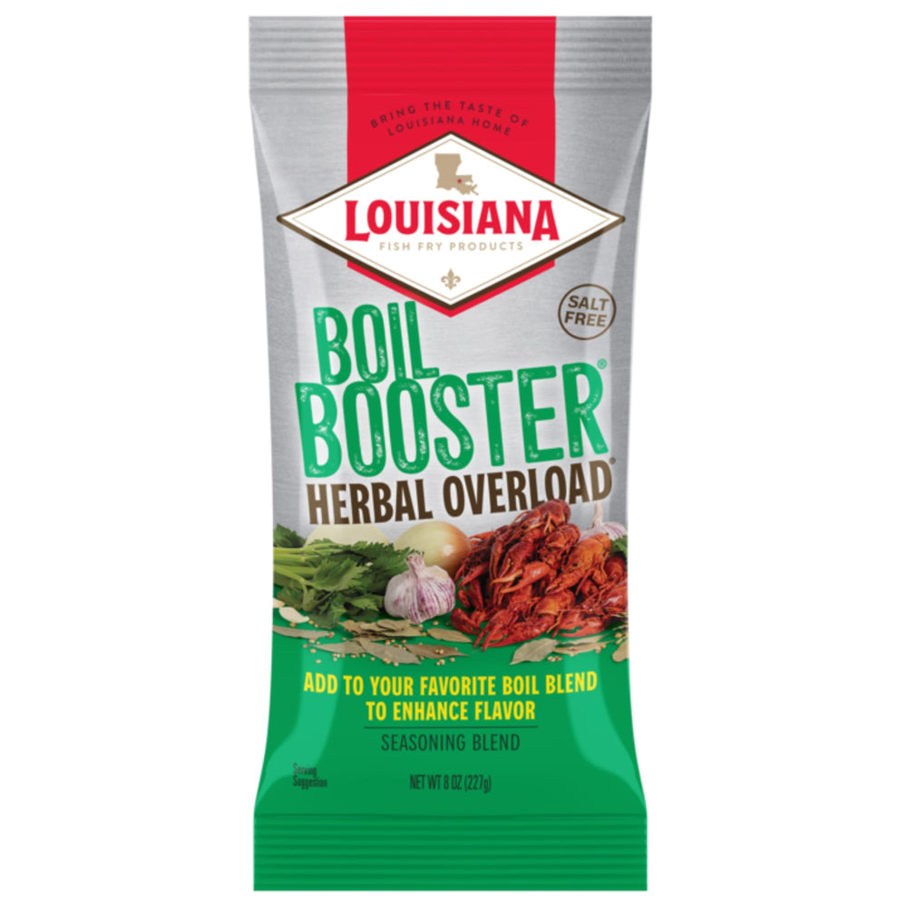 Louisiana Fish Fry Herbal Overload Boil Booster packaging close-up for quick prep