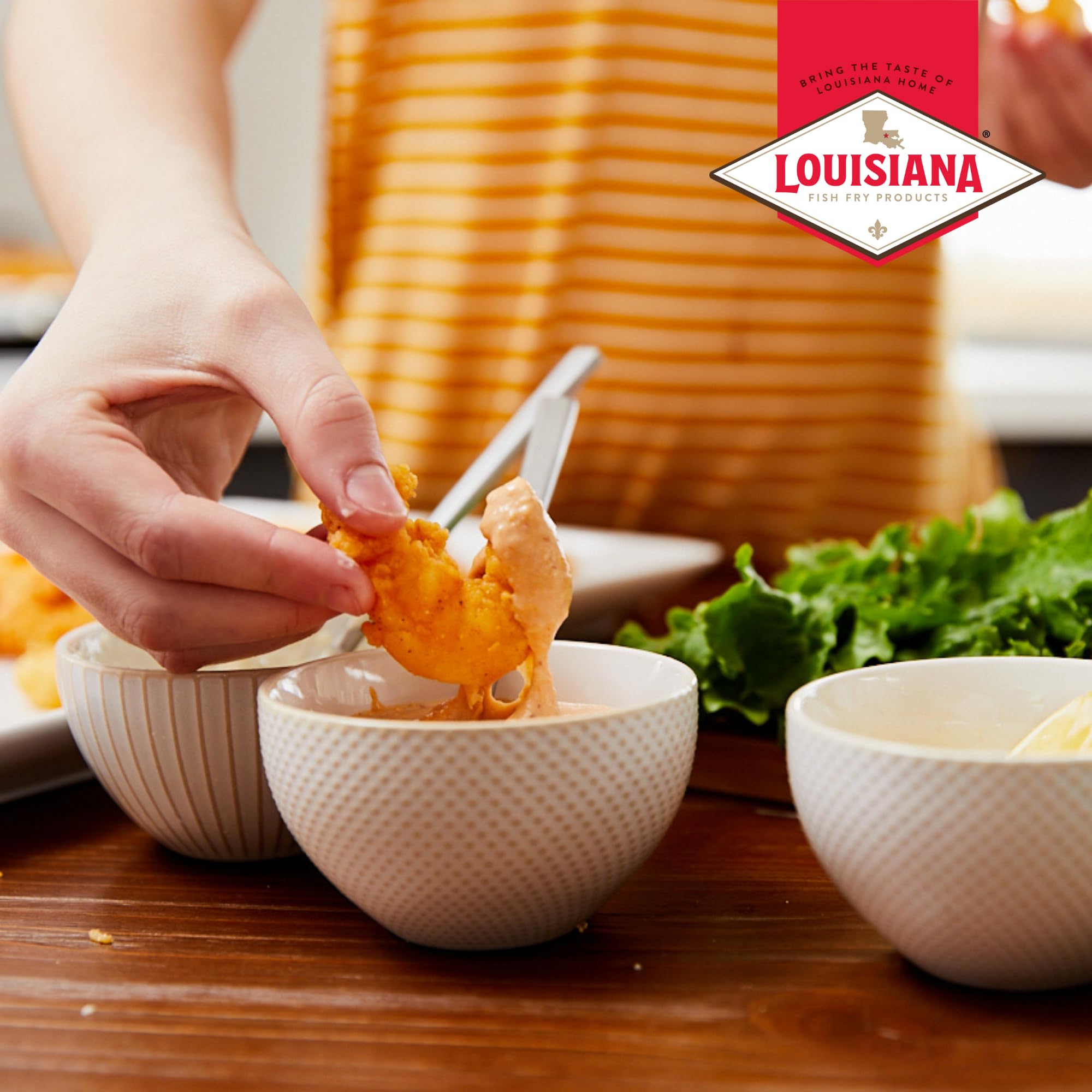 Remoulade dipping with celery sticks using Louisiana Fish Fry