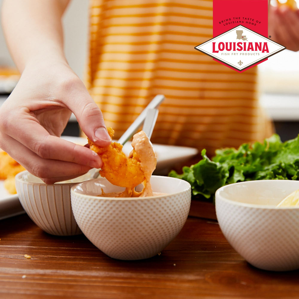 Remoulade dipping with celery sticks using Louisiana Fish Fry