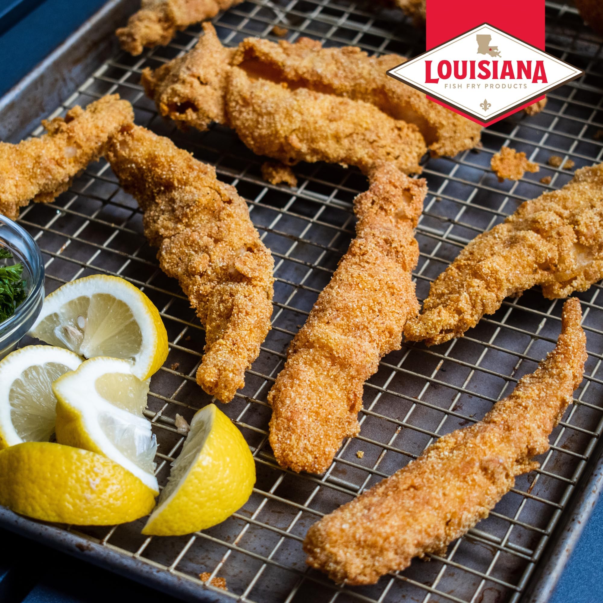 Shrimp, oyster, and vegetable uses with Cajun seasoned coating.
