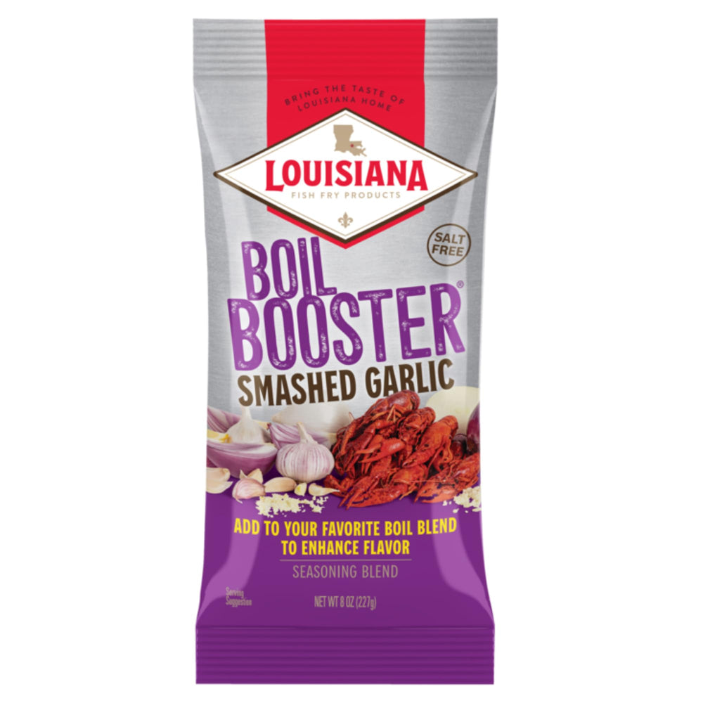 Louisiana Fish Fry Smashed Garlic Boil Booster label showing low-salt Cajun flavor for seafood boils.
