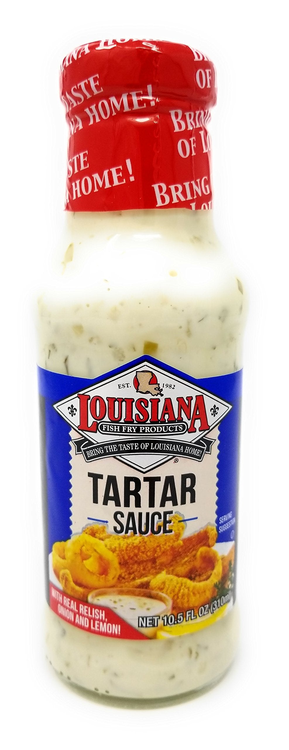 Louisiana Fish Fry Tartar Sauce bottle pour, creamy Creole dip ideal for seafood dipping and sandwiches