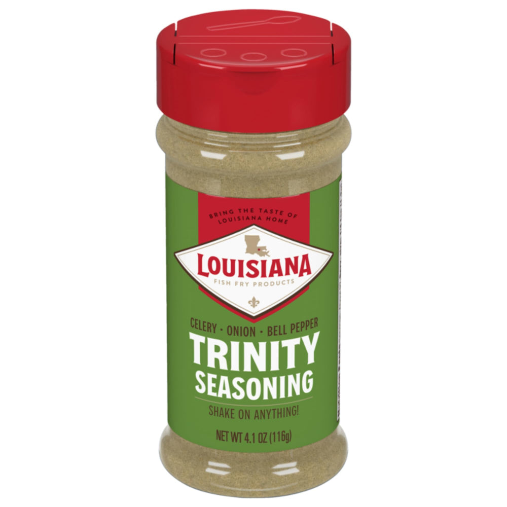 Louisiana Fish Fry Trinity Shake bottle close-up showing flavor-ready seasoning