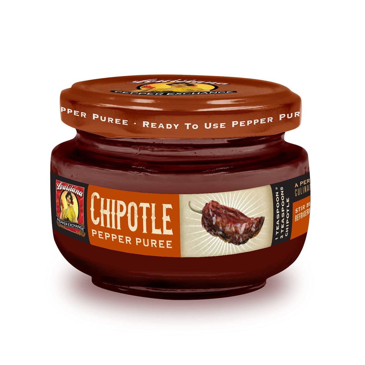Louisiana Pepper Exchange chipotle puree jar boosts smoky flavor for sauces.