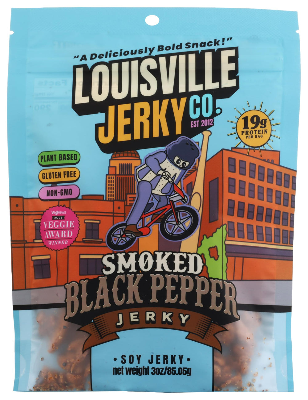 Louisville Vegan Jerky smoked black pepper bag for on-the-go plant-based protein.