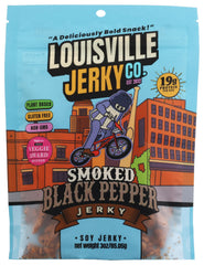 Louisville Vegan Jerky smoked black pepper bag for on-the-go plant-based protein.