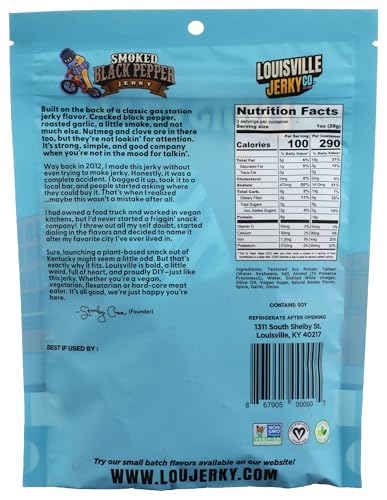 Close-up of Louisville Vegan Jerky smoked black pepper, ideal for on-the-go energy.