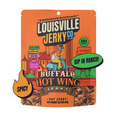 Louisville Vegan Jerky Buffalo Hot Wing bag front showing protein-packed snack for on-the-go.