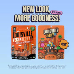 Louisville Vegan Jerky Buffalo Hot Wing ingredients label notes non-GMO and gluten-free.