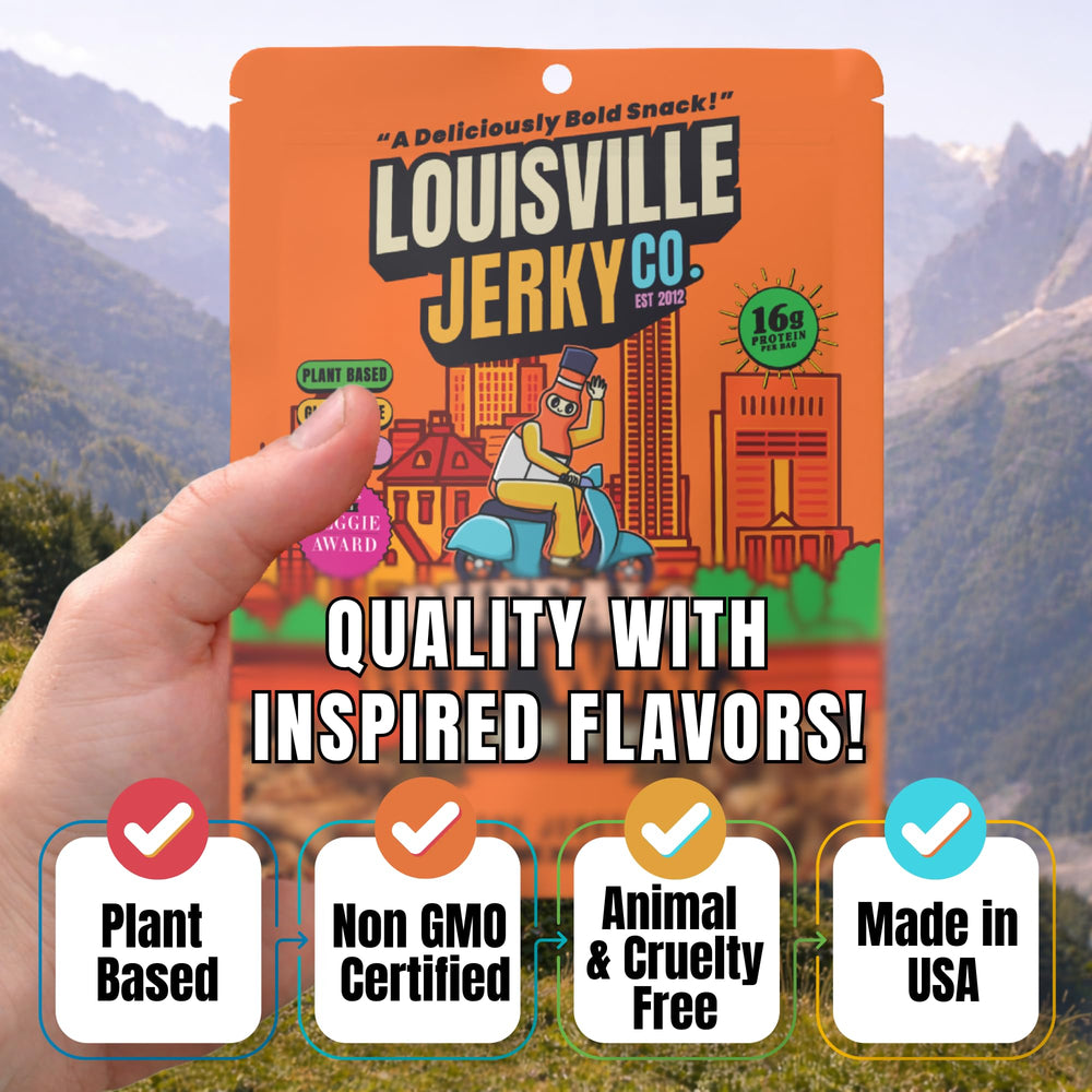 Louisville Vegan Jerky Buffalo Hot Wing serving idea with ready-to-eat slices.