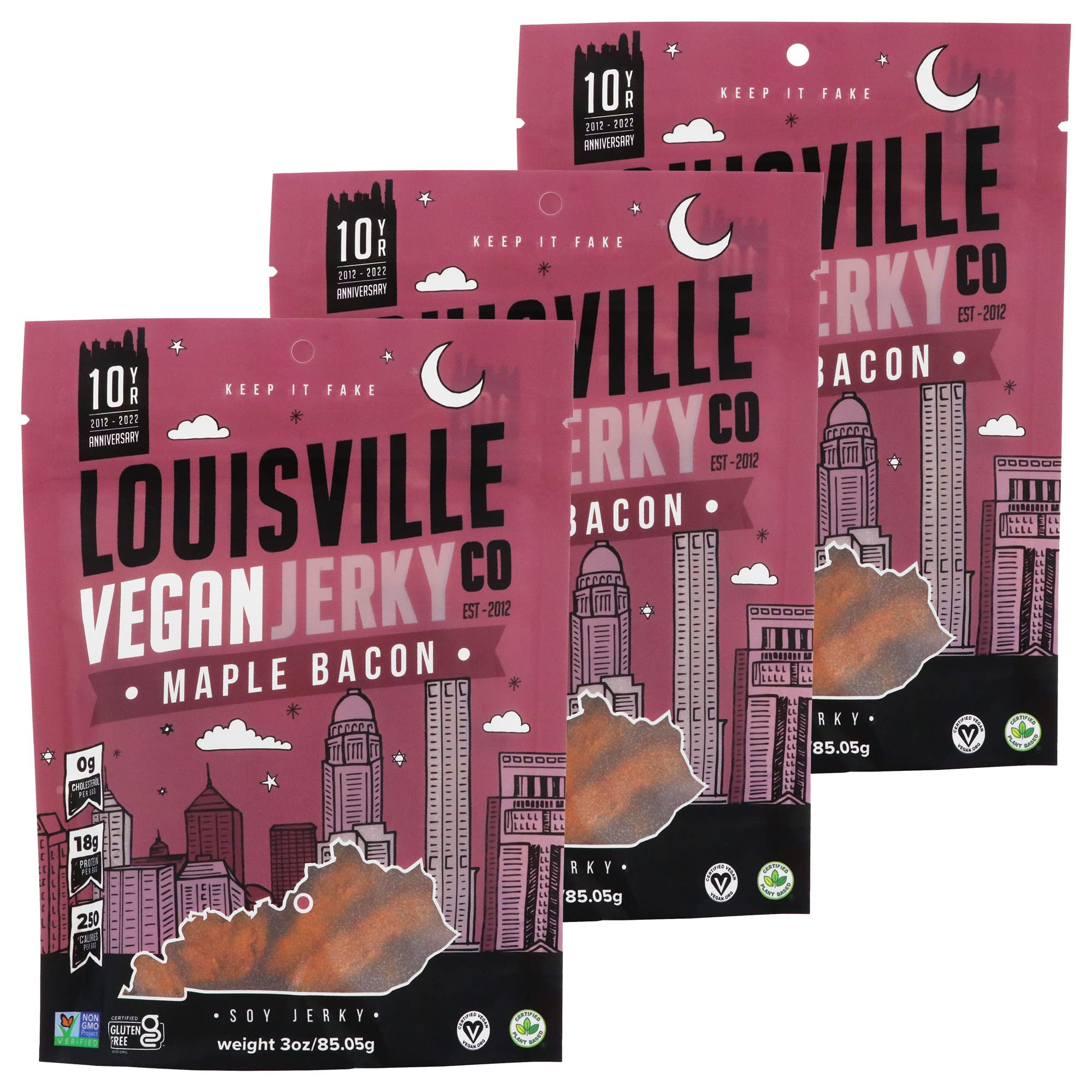 Louisville Vegan Jerky Maple Bacon bag showcases gluten-free, high-protein snack on the go.