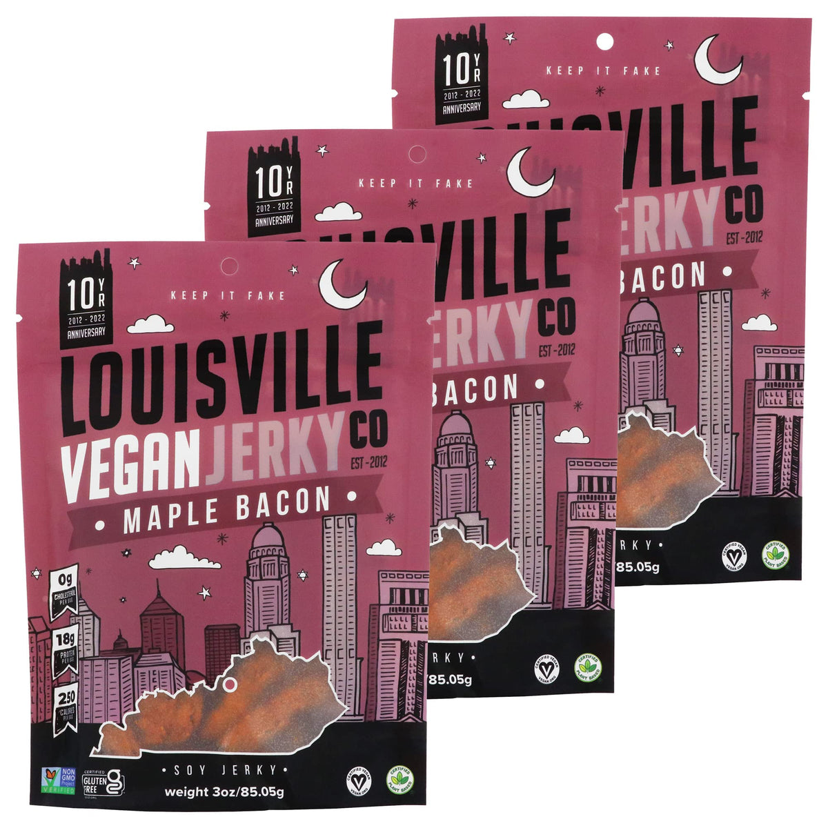 Louisville Vegan Jerky Maple Bacon bag showcases gluten-free, high-protein snack on the go.
