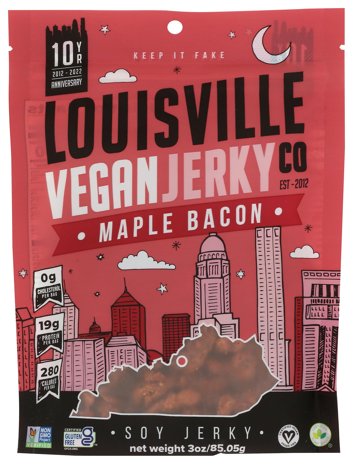 Louisville Vegan Jerky Maple Bacon flavor bag showcases plant-based protein for on-the-go snacking.