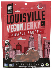 Louisville Vegan Jerky Maple Bacon flavor bag showcases plant-based protein for on-the-go snacking.