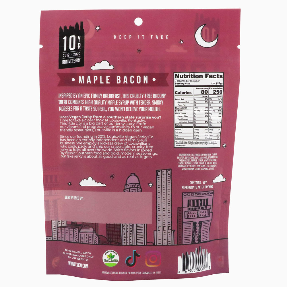 Close-up texture of Louisville Vegan Jerky Maple Bacon for chewy, satisfying bite.
