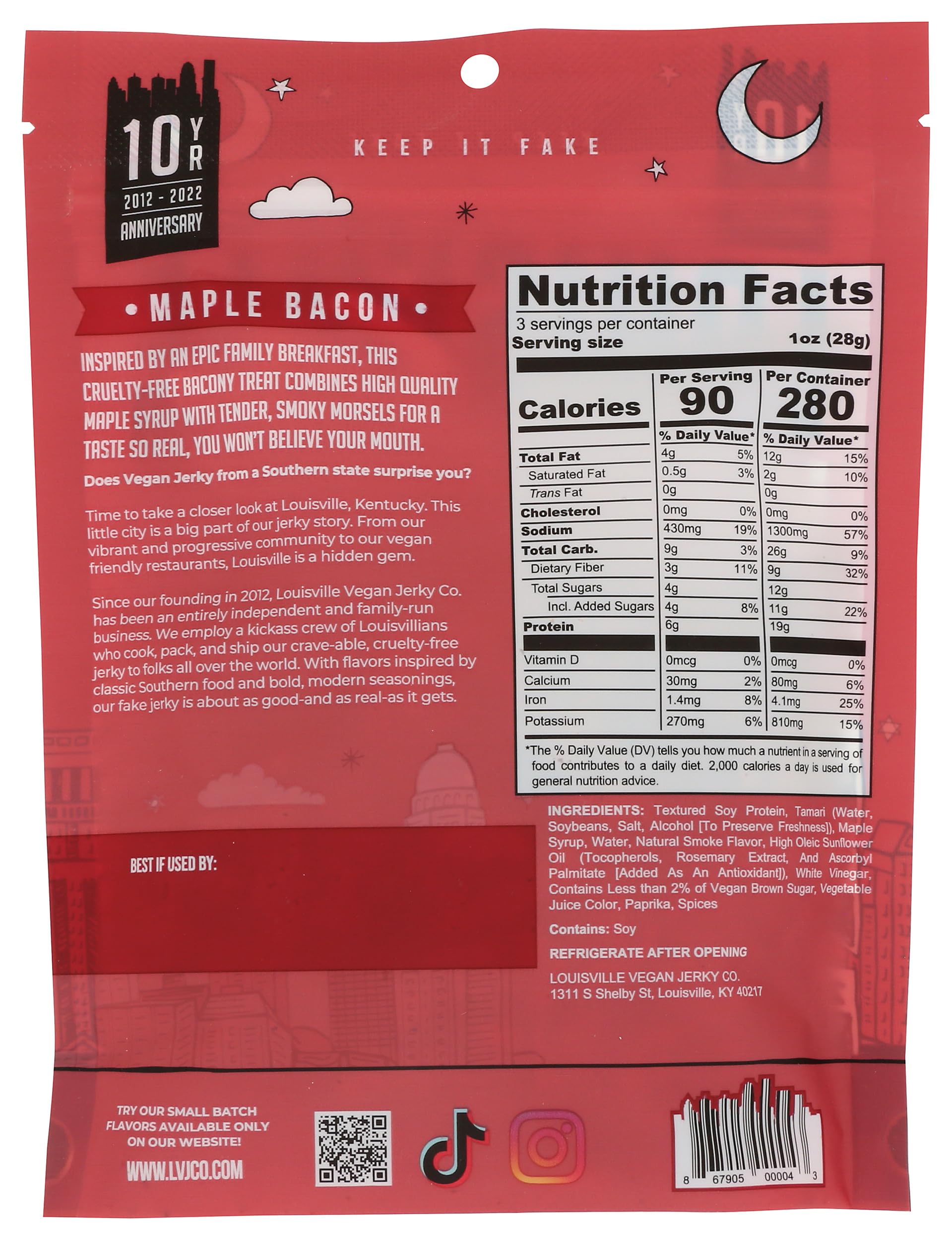 Close-up of Louisville Vegan Jerky maple bacon texture and chewy bite with plant-based protein.