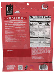 Close-up of Louisville Vegan Jerky maple bacon texture and chewy bite with plant-based protein.