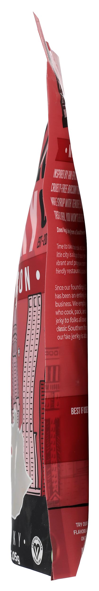 Louisville Vegan Jerky maple bacon individual bag showing texture and color.