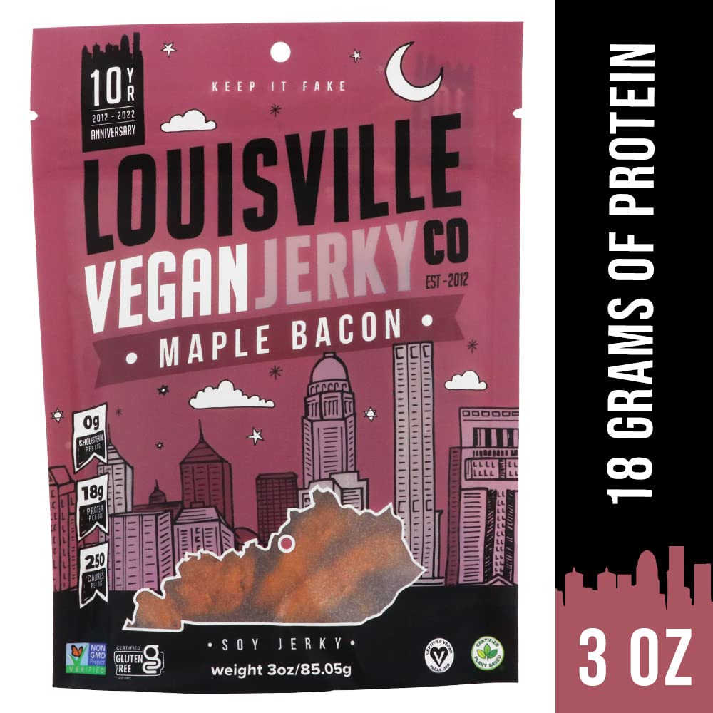 Louisville Vegan Jerky Maple Bacon slices ready for a protein-packed snack.