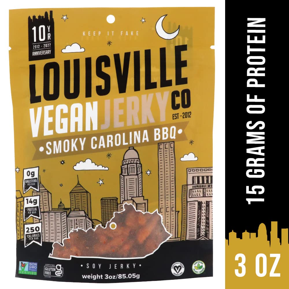 Louisville Vegan Jerky slices on hands suggest grab-and-go protein.