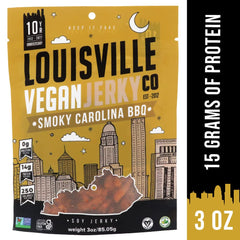 Louisville Vegan Jerky slices on hands suggest grab-and-go protein.