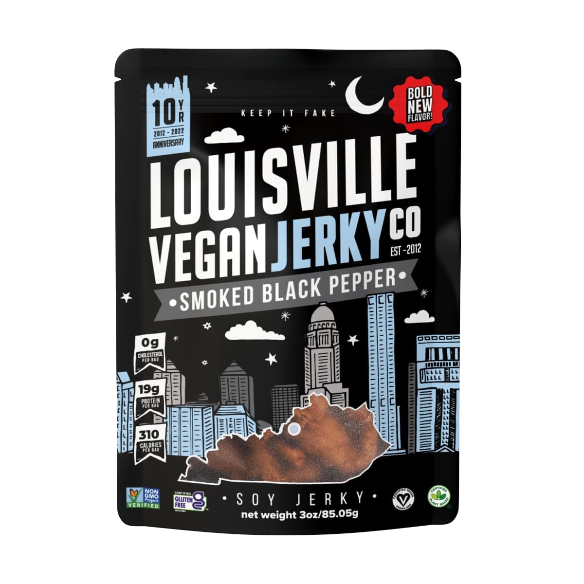 Louisville Vegan Jerky Smoked Black Pepper bag close-up highlighting bold flavor.