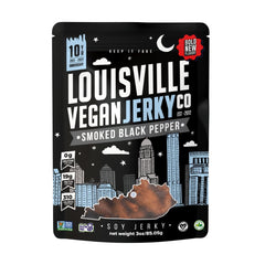 Louisville Vegan Jerky Smoked Black Pepper bag close-up highlighting bold flavor.