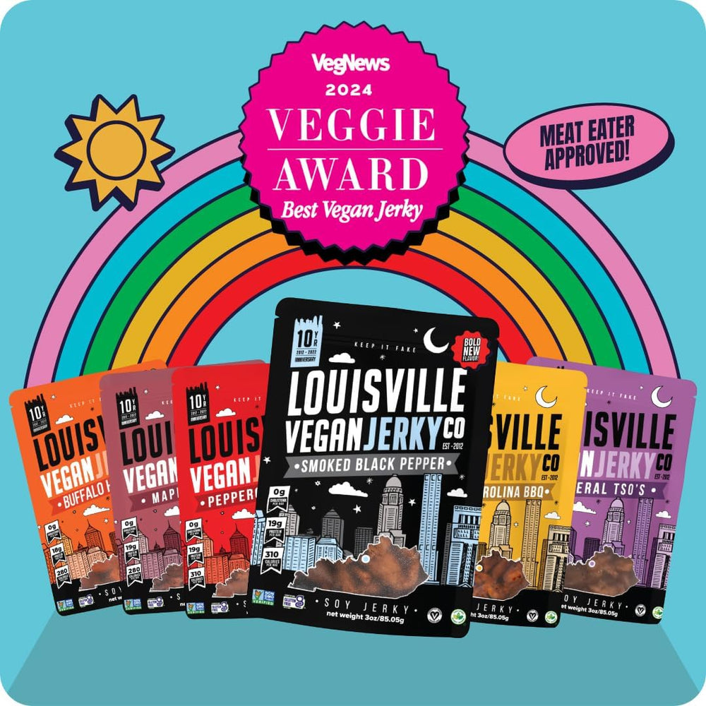 Louisville Vegan Jerky held in hand to show portable protein snack.