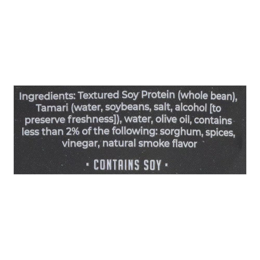 Ingredients close-up of Louisville Vegan Jerky emphasizing non-GMO soy protein.