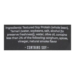 Ingredients close-up of Louisville Vegan Jerky emphasizing non-GMO soy protein.