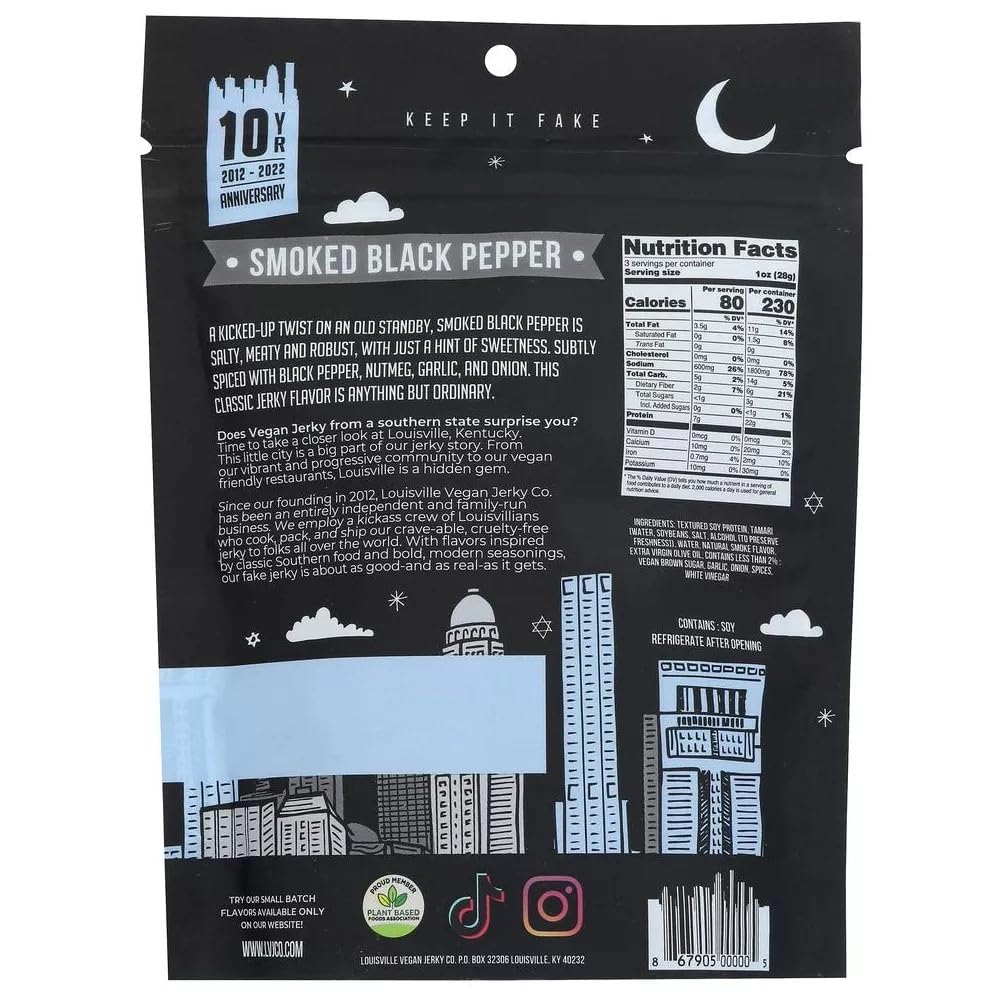 Texture close-up of Louisville Vegan Jerky showing chewy bite and peppery notes.