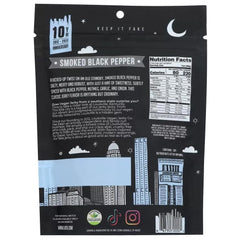 Texture close-up of Louisville Vegan Jerky showing chewy bite and peppery notes.