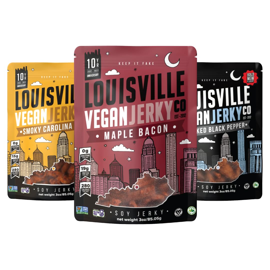 Louisville Vegan Jerky Smoky Carolina BBQ bag—protein-packed snack for on-the-go