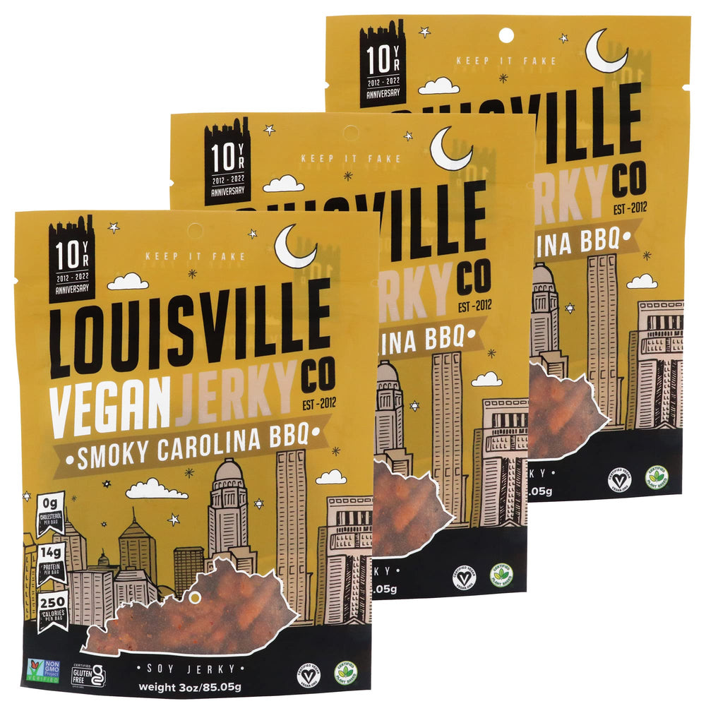 Louisville Vegan Jerky Sweet and Smoky Carolina Mustard BBQ front-pack highlights convenient protein snack.