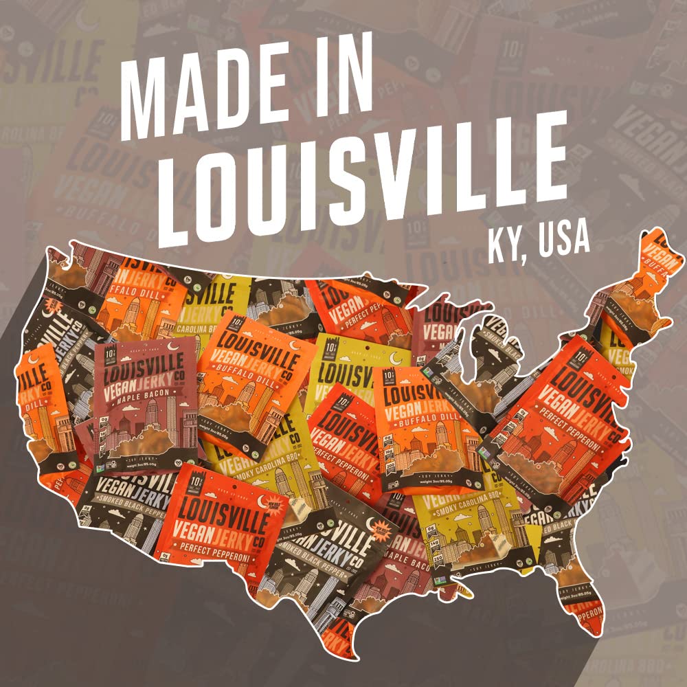 Louisville Vegan Jerky three-pack display emphasizes value and portability.
