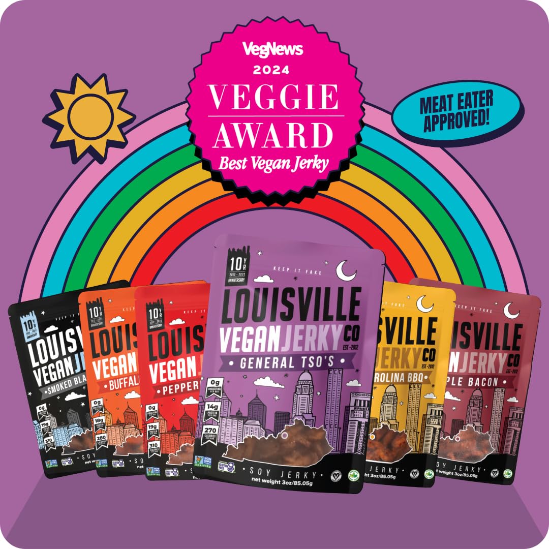 Louisville Vegan Jerky Variety Pack back label close-up highlighting protein and vegan ingredients.