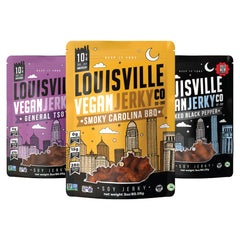 Louisville Vegan Jerky Variety Pack front view highlights three bold flavors for versatile snacking.