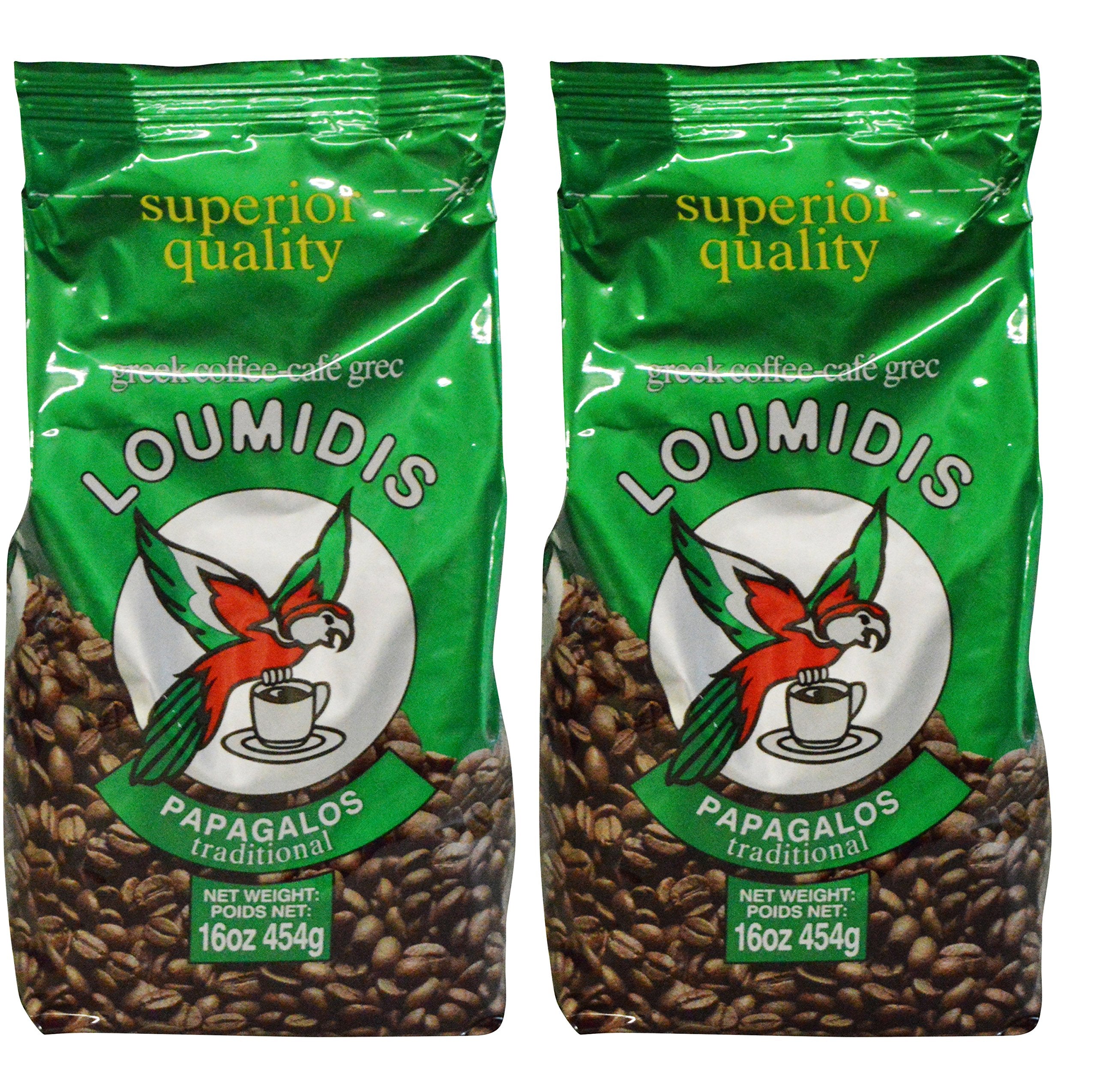 Loumidis Papagalos traditional Greek coffee 2-pack packaging highlights authentic aroma for Greek coffee rituals