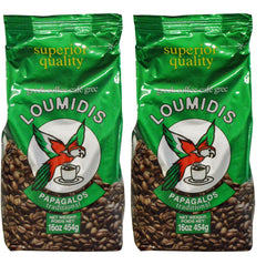 Loumidis Papagalos traditional Greek coffee 2-pack packaging highlights authentic aroma for Greek coffee rituals